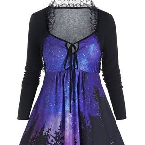 Plus Size Galaxy Lace Frilled Tie Tunic Top